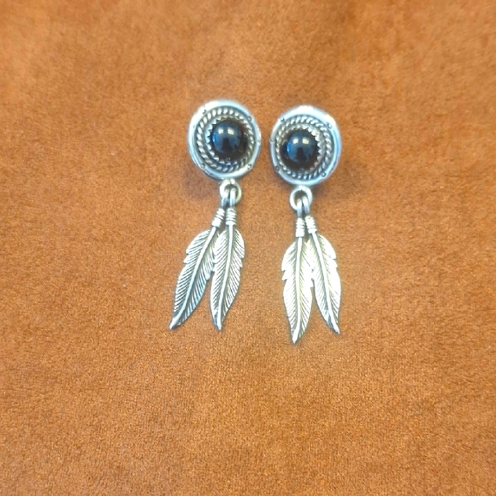 Onyx And Sterling Silver Feather Dangle Earrings